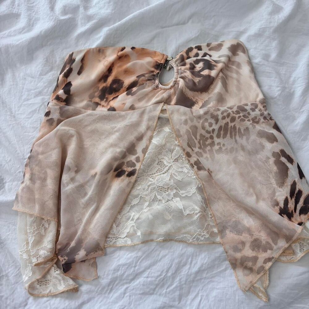 SHEIN Leopard Animal Print Mesh Lace Tan Brown Grey Strapless Women's Blouse Top